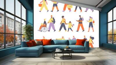 Collection of modern people walking outdoors. Diverse characters set. Colorful flat vector illustration.
 Wall mural