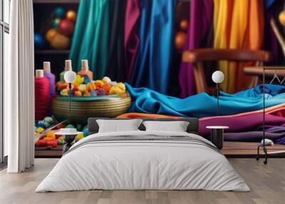 colored bright fabric. detail of sewing color material like fabric, cotton, spool of thread. Wall mural