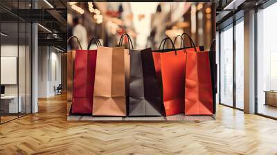 Coloured shopping bags in row. panorama picture. Wall mural