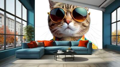 Cool cat wearing sunglasses and a Hawaiian shirt with a floral pattern cut out on a transparent background. Ideal for fun, quirky and summery designs. Cat on vacation in Las Vegas Wall mural