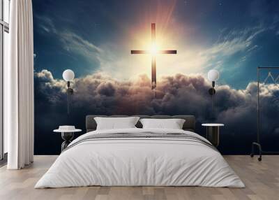 cross in clouds symbol of the death and resurrection , copy space for text. Wall mural