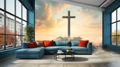 cross in clouds symbol of the death and resurrection , copy space for text. Wall mural