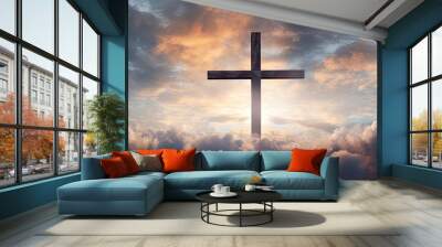 cross in clouds symbol of the death and resurrection , copy space for text. Wall mural