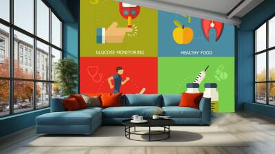 Diabetes vector background.  Diabetic therapy flat style icons set. Blood glucose test.  Wall mural