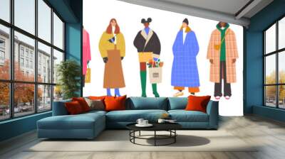 Diverse group of modern women wearing trendy winter clothes. Casual stylish city street style fashion outfits. Hand drawn characters colorful vector illustration. Wall mural