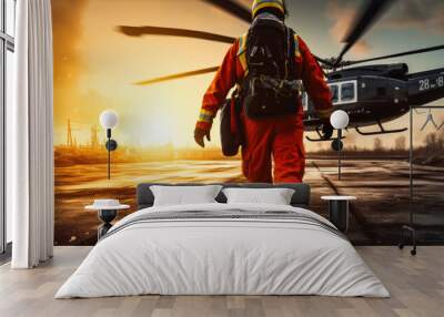 emergency medical Helicopter banner. Air rescue service in action Wall mural