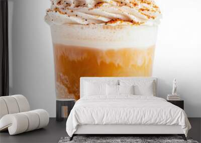 Fall pumpkin latte glass with whipped cream and cinnamon. Delicious coffee based cocktail with pumpkin and caramel syrup and Halloween decor cut and isolated on transparent png background. Wall mural