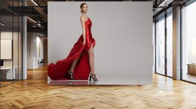 fashion woman strides in long red dress Wall mural