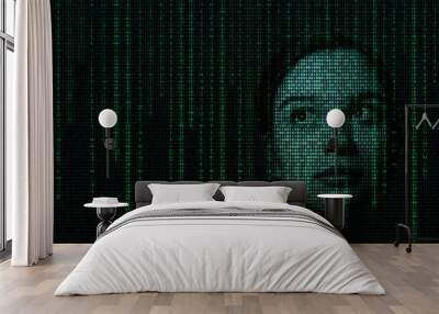 Female face with matrix digital numbers artifical intelligence AI theme with human face. Virtual reality touchscreen digital screen. dark background with computer binary code and hidden face watching Wall mural