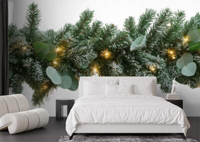 Festive Christmas garland with minimalistic decor, green needles, lights , eucalyptus for winter holiday decorations. Isolated on transparent background. PNG Wall mural