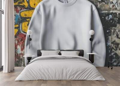 Flat lay gray sweatshirt mockup. Laying Gildan 18000 mock up, graffiti street art background. Blank long sleeve shirt template. Unisex clothing, gender neutral apparel, urban style outfit mock Wall mural