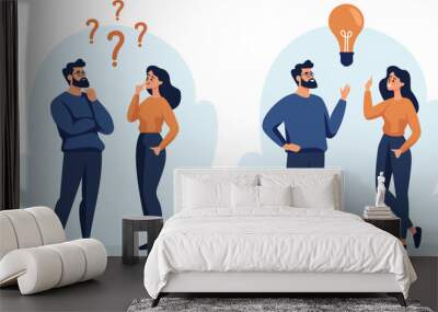 Flat vector illustration. A woman and a man are discussing issues, thinking about making a decision, coming up with an idea. The concept of finding the right solution and idea. Vector illustration Wall mural