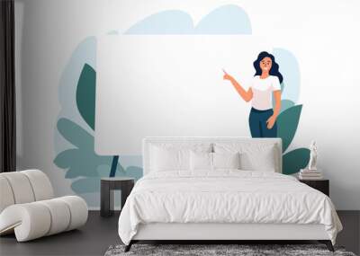 Flat vector illustration. Girl standing in front of a large banner and giving a presentation. There is space for your text on the banner. . Vector illustration Wall mural