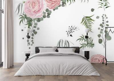 Floral vector collection. Pink roses, ranunculus, eucalyptus, green plants and leaves. Flower compositions on white background. All elements are isolated on a white background. Wall mural