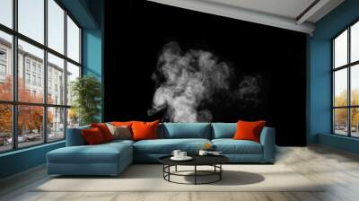 Fragment of white hot curly steam smoke isolated on a black background. Create mystical Halloween photos. Wall mural