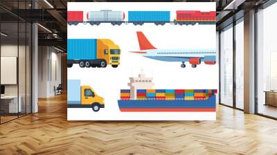 Freight transport icons set. Cargo and delivery, logistics and freight traffic, vector illustration. Includes cargo ship, truck, lorry, train, plane. Vector illustration. Wall mural