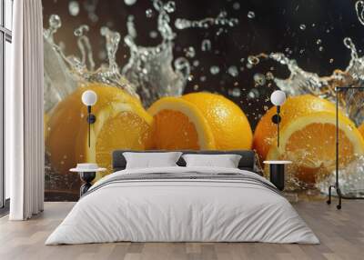 Fresh oranges submerged in water with splash effect Wall mural