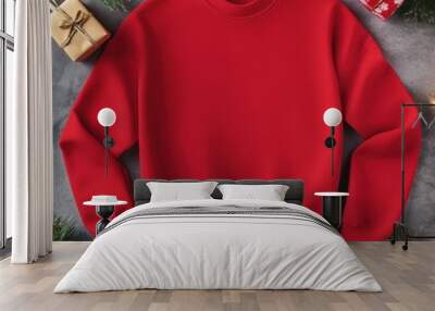 Front view of red sweater mockup. Flat lay Gildan 18000, blank template. Crewneck shirt lying on gray background with minimalist Christmas decoration. Unisex, gender neutral tee, front side tshirt Wall mural