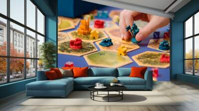 Colorful board game figures and dice on the field, hobby Wall mural