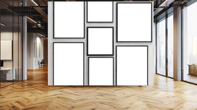 Gallery wall mockup in home interior background, AI gen, empty copy space. Multiple many black picture frames on white wall. Wall mural