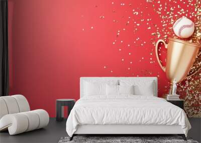 Gold championship cup and baseball and glove on red background and gold confetti, sports banner with copy space. Winner's trophy on festive background. Baseball cup final, gold 3d first place award. Wall mural