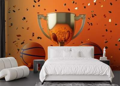 Gold championship trophy and basketball trophy on orange background and gold confetti, sports banner with copy space. Winner trophy on festive background. Basketball final, gold 3d first place award. Wall mural