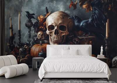 Gothic Halloween scene with skull, raven. Goth designs mockup with dark creepy background. Elegant vintage style with horror aged elements Wall mural