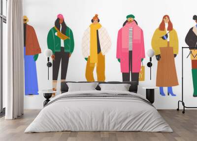 Group of modern women wearing trendy winter clothes. Casual stylish city street style fashion outfits. Hand drawn characters colorful vector illustration. Wall mural