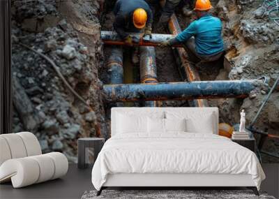 Group of workers fixing a broken pipe, construction site scene Wall mural