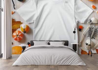 Halloween white tshirt mockup. Flat lay shirt mock up, front top view. Crewneck short sleeve tee mockup with Halloween stuff background. Bella Canvas 3001 unisex tshirt mock up Wall mural