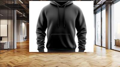 Hanging black hooded tshirt mockup. Gildan 18500 mock up. Blank hoodie with stripes, template front view.  Casual sweatshirt model. Unisex clothing, gender neutral apparel jumper, pullover Wall mural