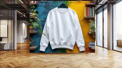 Hanging white sweatshirt mockup. Gildan 18000 blank design template. Unisex clothing, casual model. Front view long sleeve shirt mock up with boho home background. Women's and men's apparel mock Wall mural