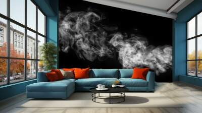 Horizontal curly white steam, fog or smoke isolated with transparent special effect on black background, square Wall mural