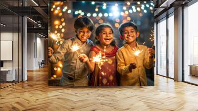 Indian children celebrating Diwali with sparklers. Diwali Indian festival of lights and happines.  Wall mural