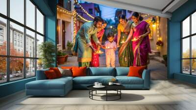 Indian Family Celebrating Divali by Putting Lamps in Their Backyard. Hindu Religious Festivities, Festival of Lights Wall mural