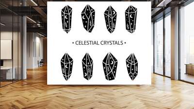 Magic and celestial crystal vector illustration set. Trendy witchcraft symbol gem. Mystical boho crystal with stars, crescent moon for card, poster, print, social media icons, t shirt Wall mural