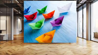 paper colored boats on a blue background Wall mural