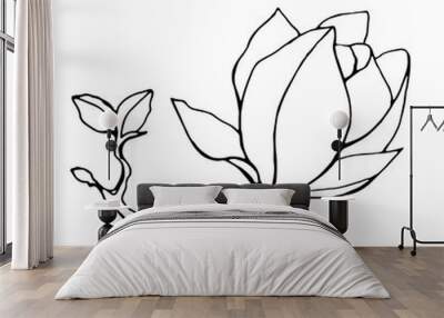 Magnolia flower, magnolia tree branch. Vector image, black line Wall mural