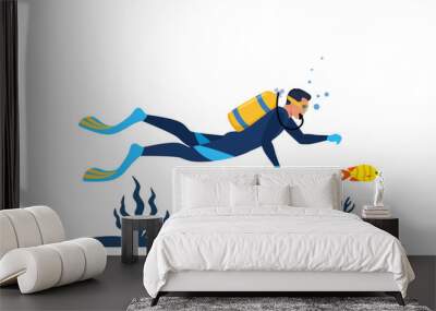 Man diver with diving equipment wearing wetsuit with oxygen tank and fins. Diver swiming among algae, corals. fishes. Vector illustration. Wall mural