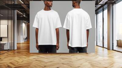 Man white oversized tshirt mockup, both sides. Black man model in short sleeve tshirt mock up. Men's shirt front and back view, basic tshirt, two sides mock Wall mural