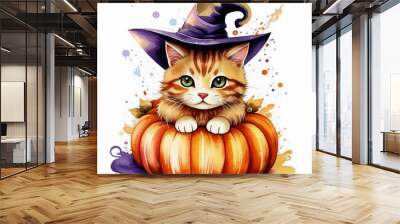 Cute, fluffy cat in a magic hat on an orange pumpkin, Halloween. October 31, autumn.  a pet. watercolor illustration. artificial intelligence generator, AI, neural network image. background for the de Wall mural