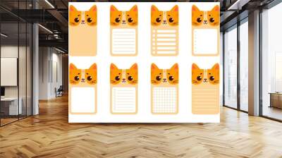 A set of note cards with a cute cat. Rectangular cards for post-it notes, notes, to-do list and diary. Ruled, checkered, blank space for text. Wall mural