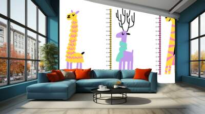 A set of rulers to measure the height of children. Cute cartoon animals in a naive style - alpaca, llama, zebra, deer, dinosaur. Wall mural