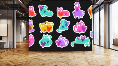 Bright cute funny characters with hearts. A big set of risoprint style stickers with cats. Vector illustration Isolated on a black background. Wall mural