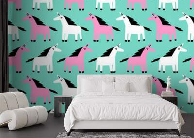 Bright trendy pattern with unicorns. Black and white seamless pattern on green background Wall mural