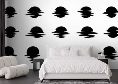 Large set with black sun on white background. Reflection of the sun in the water or wave. Glitch. Sunset and dawn. Wall mural