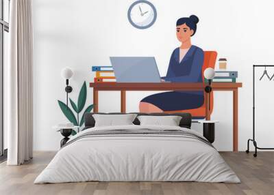 Office worker woman in a suit working on a laptop computer at her office desk. Flat style vector illustration. Wall mural