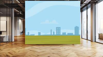 Open space, a field outside the city and a view of the city in the distance on the horizon. Vector Illustration, background for an animated video, footage. Wall mural