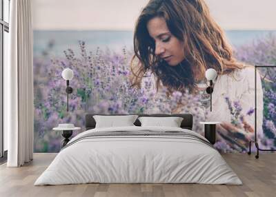 Boho styled model in lavender field Wall mural