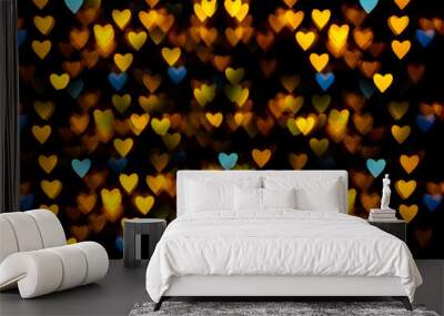 Perfect yellow-orange-blue heart-shaped bokeh for festive background of New Year, Christmas, Valentine's Day, birthday Wall mural